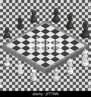 Mit fotorealistischen schwarze und weiße Figuren Schachbrett. Isometrische 3D-Stil, Vector Illustration. Stock Vektor