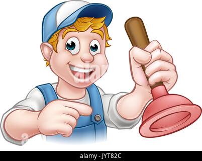 Heimwerker Klempner mit Stößel Zeichentrickfigur Stock Vektor