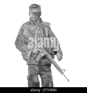 Monochrome Gravur ein Soldat mit Waffe, Vector Illustration modernen Stil auf weißem Hintergrund Stock Vektor