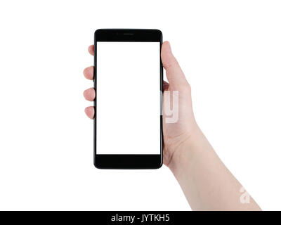 Weibliche Teenager mit der rechten Hand mit Smartphone auf Weiß isoliert Stockfoto