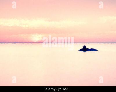 Aquarell malen. Farbe Wirkung. Rosa Sonnenuntergang an der felsigen Küste von Meer. Verschlusszeit für die reibungslose Wasserstand und verträumte Effekt Stockfoto