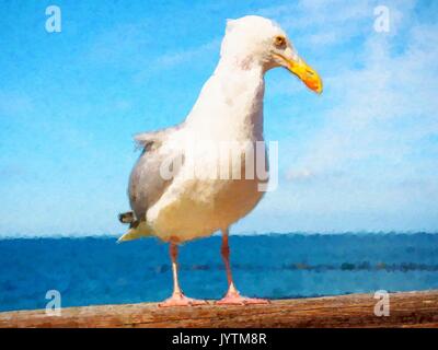 Aquarell malen. Farbe Wirkung. Schließen Seagull Aufenthalt auf hölzernen Handlauf. Big Bird in die Kamera schaut Stockfoto