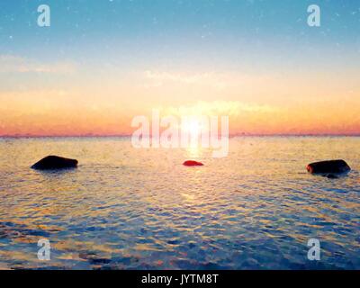 Aquarell malen. Farbe Wirkung. Rosa Sonnenuntergang an der felsigen Küste von Meer. Verschlusszeit für die reibungslose Wasserstand und verträumte Effekt Stockfoto