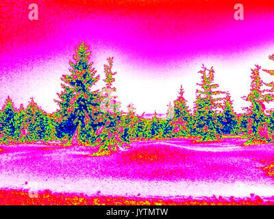 Infrarot Foto der alpine Winter hügelige Landschaft. Sonniges Wetter mit klarem Himmel oben. Erstaunlich Thermografie Farben. Stockfoto