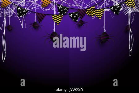 Happy Halloween Design Illustration. Fahnen Girlanden und Spinnweben auf lila Hintergrund Stock Vektor
