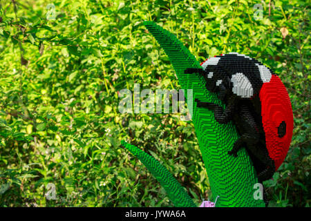 Planckendael Zoo, Mechelen, Belgien - 17. AUGUST 2017: Marienkäfer aus Lego Steinen in der Ausstellung "Natur verbindet gebaut" von Sean Kenney (seankenney.com) Stockfoto