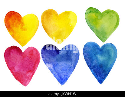 Satz von Aquarell Herzen verschiedener Farben. Auf weissem Hintergrund. Für Medizin, romantische Postkarten, Poster und Designs. Stockfoto