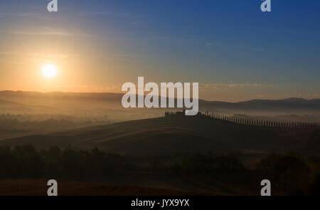 Toskanische Landschaft mit Zypressen und Farmstead bei Sonnenaufgang, Dämmerung, San Quirico d'Orcia, Val d'Orcia, Toskana, Italien Stockfoto