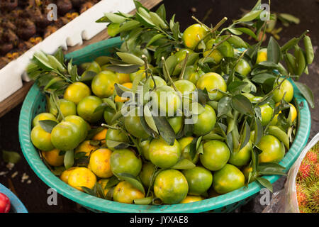 Korb voller Grün Tangerinen Stockfoto