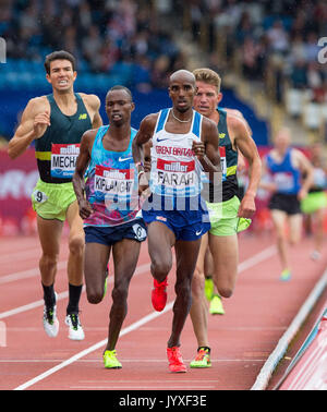 Crewe, Großbritannien. 20 Aug, 2017. Mo Farah der GBR führt seine 3000m Rennen mit 1 Runde zu gehen, in seinem letzten Track Ereignis jemals in Großbritannien während der Muller Grand Prix Birmingham Athletik an Alexandra Stadium, Birmingham, England am 20. August 2017. Foto von Andy Rowland. Credit: Andrew Rowland/Alamy leben Nachrichten Stockfoto