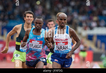 Crewe, Großbritannien. 20 Aug, 2017. Mo Farah der GBR führt seine 3000m Rennen mit 1 Runde zu gehen, in seinem letzten Track Ereignis jemals in Großbritannien während der Muller Grand Prix Birmingham Athletik an Alexandra Stadium, Birmingham, England am 20. August 2017. Foto von Andy Rowland. Credit: Andrew Rowland/Alamy leben Nachrichten Stockfoto