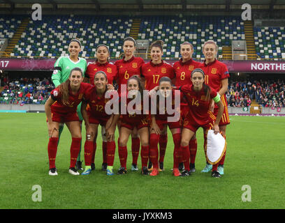 Belfast, Nordirland. 20 Aug, 2017. Nationale Fußball-Stadion im Windsor Park, Belfast, Nordirland, Irland. 20 Aug, 2017. UEFA U19-Europameisterschaft der Frauen Endg. - Frankreich 2 Spanien 3. Spanien an Kick-off. Quelle: David Hunter/Alamy leben Nachrichten Stockfoto