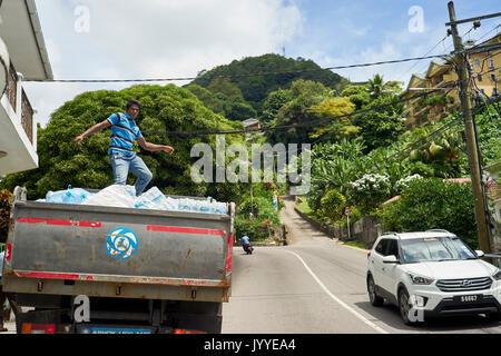 Mann, der auf der Ladefläche des LKW im Hintergrund einen bewaldeten Berg Stockfoto