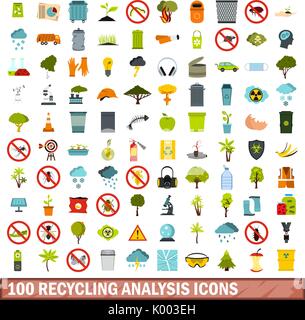 100 Recycling Analyse Symbole, flacher Stil Stock Vektor