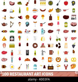 100 Restaurant kunst Symbole, flacher Stil Stock Vektor