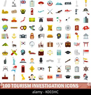 100 Tourismus Untersuchung Symbole, flacher Stil Stock Vektor