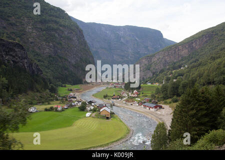 Landschaft während der Zugfahrt der Flamsbana weg von Flam nach Myrdal, Norwegen Abwechslungsreich. Stockfoto