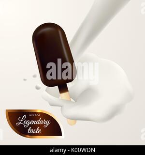 Eis Vector Illustration Poster im realistischen Stil mit Eis und Milch spritzen und Platz für Logo classic Schokolade Eis auf Stick Stock Vektor