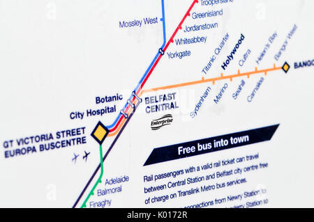 Karte von Nordirland Bahnstrecken Stockfoto