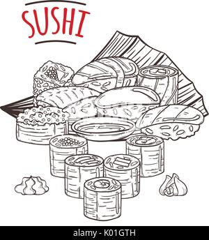 Doodle Sushi und Rollen auf Holz. Traditionelle japanische Gerichte Abbildung. Vektor Bild für asiatisches Restaurant Menü. Stock Vektor