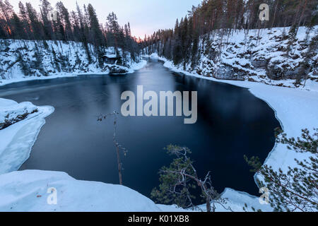 Die schneebedeckten Wäldern umrahmt von gefrorenem Wasser und blaue Lichter der Dämmerung juuma Myllykoski Lappland Region Finnland Europa Stockfoto