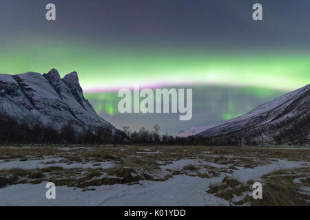 Die verschneiten Gipfel Otertinden, umrahmt von Northern Lights in der Polarnacht Oteren Lyngen Alpen Tromsø Norwegen Europa Stockfoto