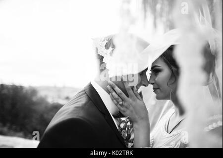 Gut - neu verheiratete Paare einander in die Augen schauen unter dem Schleier in den Park an einem hellen und sonnigen Hochzeitstag. Schwarz-weiß Foto. Stockfoto