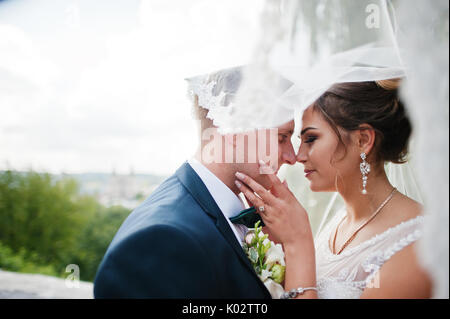 Gut - neu verheiratete Paare einander in die Augen schauen unter dem Schleier in den Park an einem hellen und sonnigen Hochzeitstag. Stockfoto
