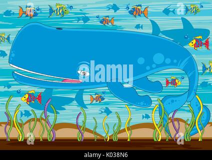 Cartoon Blauwal und tropischer Fisch Vector Illustration Stock Vektor