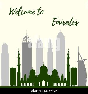 Vektor-Illustration der Vereinigten Arabischen Emirate Wolkenkratzer Silhouette. Dubai und Abu Dhabi Gebäude. Design für Banner, Poster oder Druck. Stock Vektor