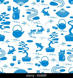 Cute Vector pattern mit Bonsai, minimale Rock Garden, japanische Glückskatze Maneki Neko, Karpfen Koi und andere. Reisen und Freizeit. Stock Vektor