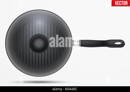 Classic Metal schwarz Grill Pfanne mit Glasdeckel und Griff. Ansicht von oben und runde Form. Küche und nationalen Symbol. Vector Illustration isoliert auf Backgr Stock Vektor