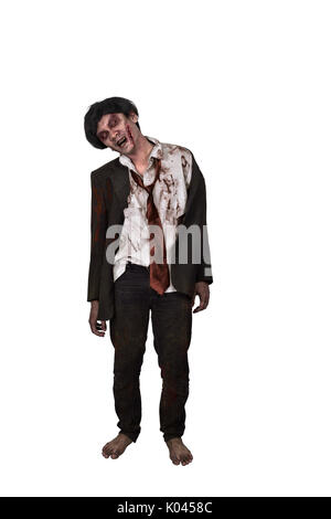 Portrait von asiatischen zombie Mann im Anzug mit blutigen Gesicht auf weißem Hintergrund Stockfoto