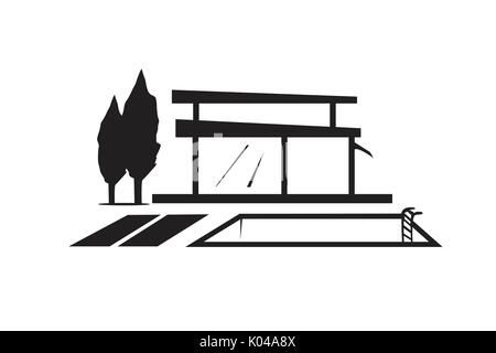 Abbildung: Moderne Villa mit Pool und Bäume, Symbol, Design, auf weißem Hintergrund Stock Vektor