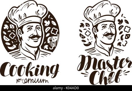 Portrait von Happy Chef Logo oder Label. Kochen, Küche Symbol. Vintage Vector Illustration Stock Vektor