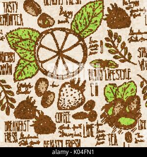 Nahtlose Hintergrund skizziert Frühstück mit Croissant, Zitrone und Beeren. Drawned auf alte braune Papier Stock Vektor