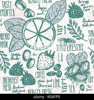 Nahtlose Hintergrund skizziert Frühstück mit Croissant, Zitrone und Beeren Stock Vektor