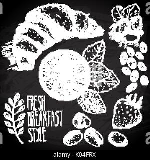 Nahtlose Hintergrund skizziert Frühstück mit Croissant, Zitrone und Beeren. Drawned auf Tafel mit Kreide. Stock Vektor