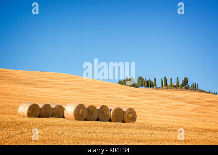 Schöne typische Landschaft des Val d'Orcia in der Toskana mit Strohballen auf einem Feld im Sommer, Val d'Orcia, Toskana, Italien Stockfoto