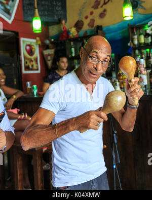 Kubanische Musiker maracas Spielen mit Band in lateinamerikanische Musik Salsa Bar, La Habana Vieja, Havanna, Kuba Stockfoto