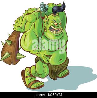 Vektor cartoon Clipart Illustration eines harten, kraftvollen grünen Orc oder Ogre oder Troll Maskottchen mit einer stachelwalze Club balanciert, um etwas zu zerschlagen. Stock Vektor