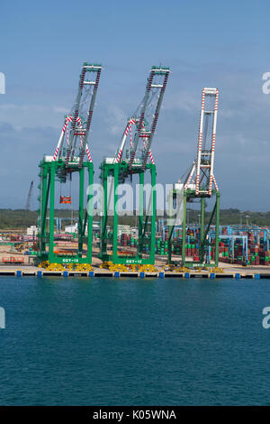 Colon, Panama. Containerbrücken im Hafen. Stockfoto