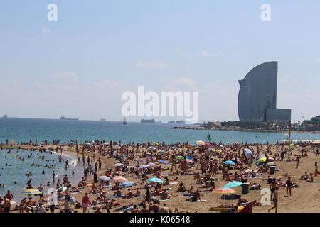 Barcelona, Spanien. 21 Aug, 2017. Überfüllten Strand Barceloneta wenige Tage nach den terroristischen Angriff auf Barcelona Ramblas Credit: Dino Geromella/Alamy leben Nachrichten Stockfoto