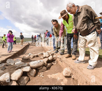 (170821) - WENQUAN, Aug 21, 2017 (Xinhua) - Professor Li Boqian (1. R) aus Peking Universität untersucht eine Siedlung in Wenquan County im Nordwesten Chinas Autonome Region Xinjiang Uygur, Aug 20, 2017. Mehr als 50 Experten aus staatlichen Verwaltung des kulturellen Erbes, das Institut für Archäologie der Chinesischen Akademie der Sozialwissenschaften und der Peking Universität nahmen an einem Symposium in Wenquan Grafschaft, in der Erkenntnis, dass die Siedlung, bestehend aus Gräber und Ruinen von Wohn Strukturen stammt aus 3600 Jahren. Elemente und Struktur Ruinen ausgegraben in der Siedlung seit 2016 Imp angeboten Stockfoto