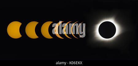 21. August 2017: Lyon County, KY - eine Montage Abfolge von 9 Bilder bei einer totalen Sonnenfinsternis vom ersten Kontakt bis zur totalität Ab Lyon County, KY gesehen. Stockfoto