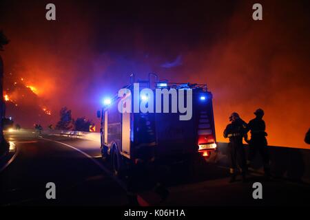 (170822) - DUBCI, Aug 22, 2017 (Xinhua) - Feuerwehrmänner probieren Sie ein wildes Feuer in der Nähe des Dorfes Dubci in Kroatien, am 12.08.21., 2017. Das Feuer war in der Nacht zum 12.08.20. hat unter Kontrolle gestellt worden. (Xinhua / Ivo Cagalj) (SRB) Stockfoto