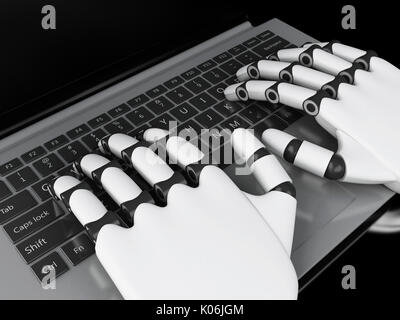 3D-Darstellung. Robotic Hände schreiben auf ein notebook tastatur. Technologie Konzept. Stockfoto