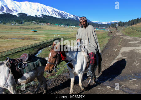 Cowboys reiten auf ihren Pferden in Gulmarg, Indien. Majestätisch, Abenteuer. Stockfoto