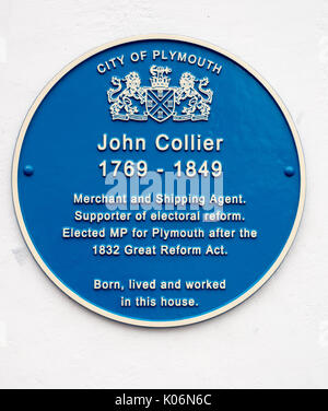 Erbe blaue Plakette zum Gedenken an John Collier 1769-1849 Southside Road, Plymouth, Devon, England, Großbritannien Stockfoto