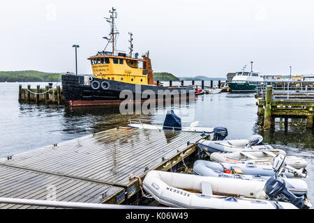 Castine, USA - Juni 9, 2017: leere Holz- Marina Hafen in einem kleinen Dorf in Maine bei Regen mit vielen Booten und Aufsch. Stockfoto